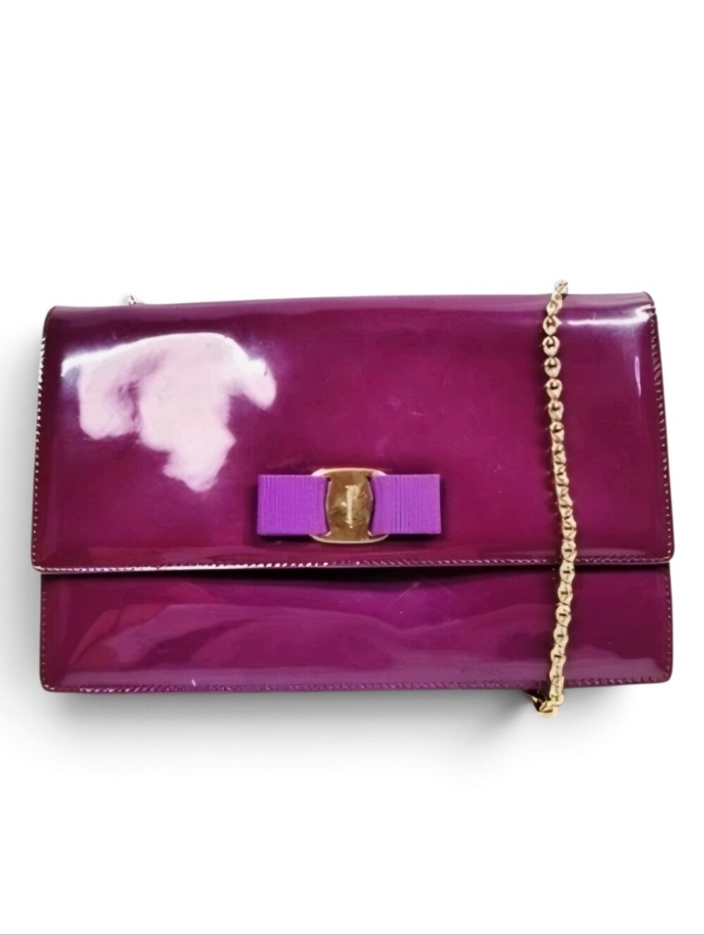 Salvatore Ferragano Vara Purple Patent Leather Crossbody Bag with Bow Accent